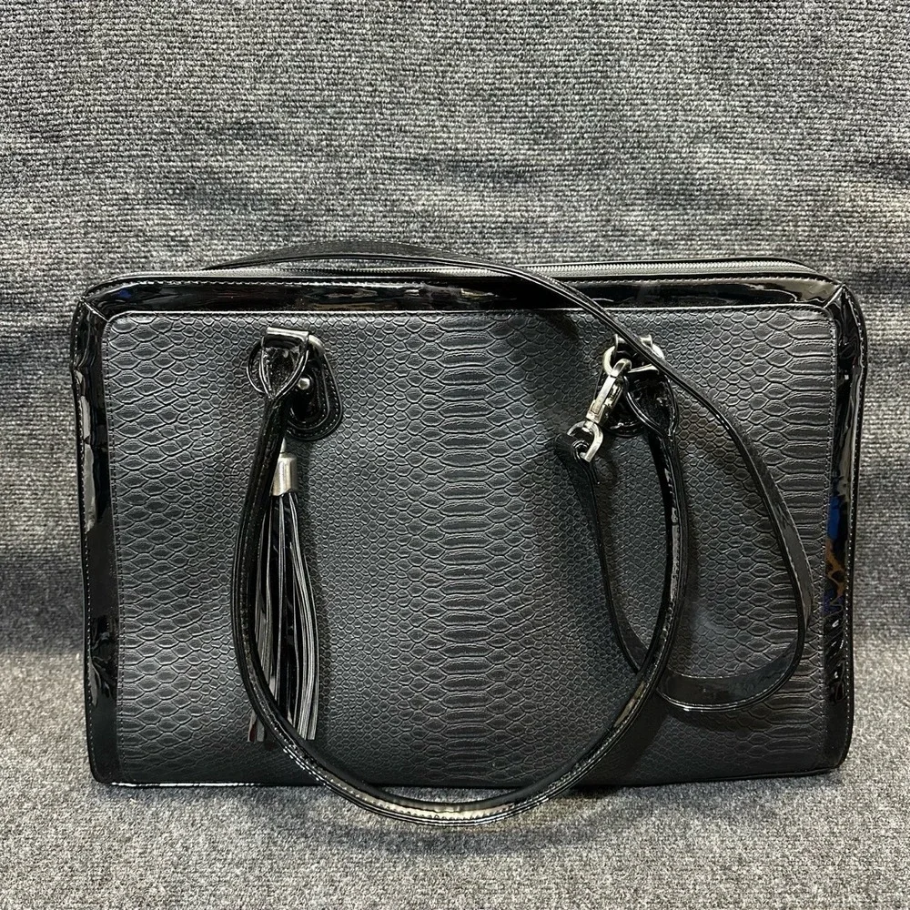 MY BEST FRIEND IS A BAG Black Patent Faux Snakeskin Laptop Computer Tote Satchel
